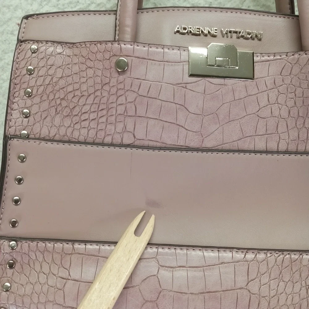 Adrienne Vittadini Pink‎ Croc Embossed Studded Satchel Handbag Crossbody Bag
